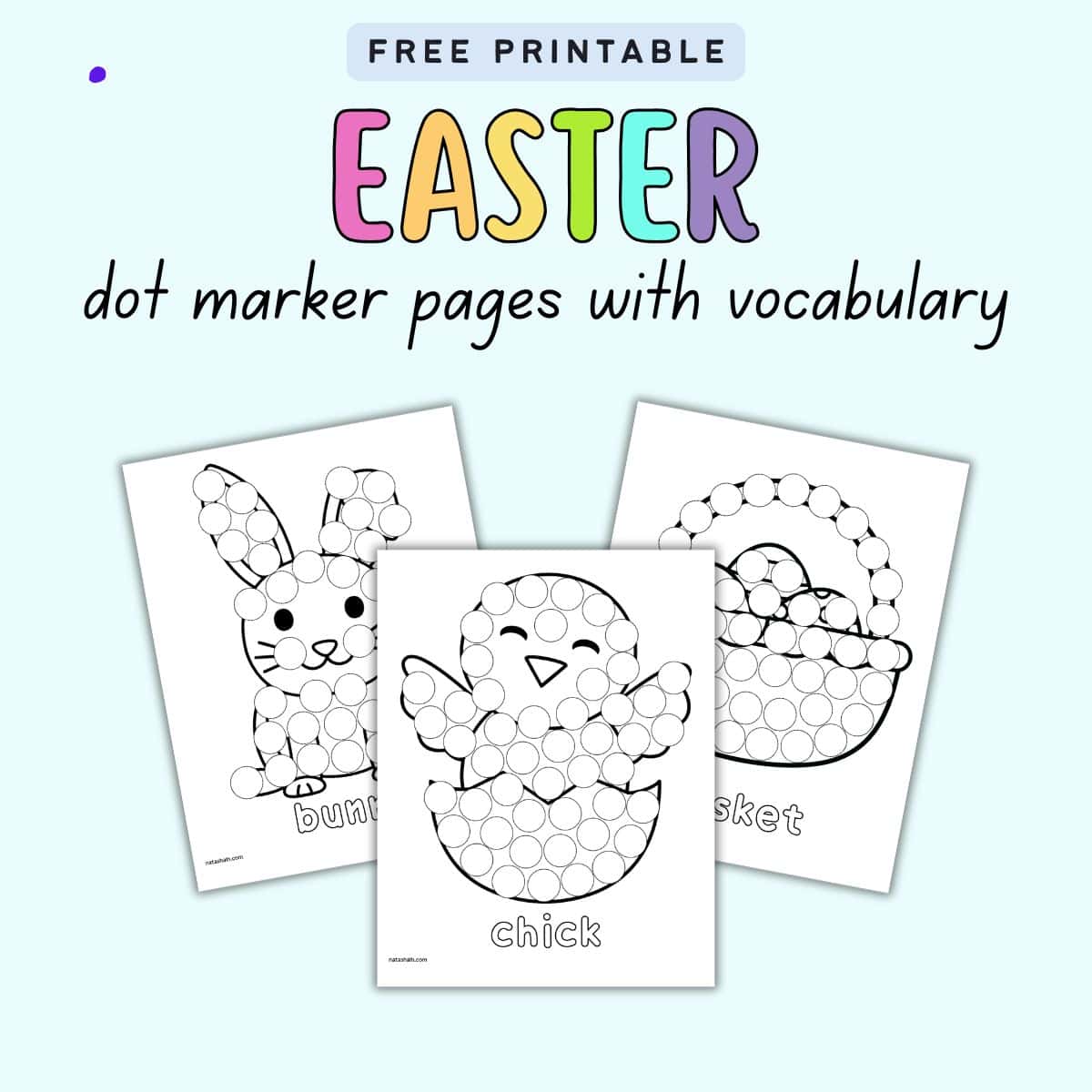 text "free printable easter dot marker pages with vocab"