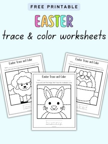 text "free printable aster trace and color worksheets" with a preview of three easter tracing worksheets