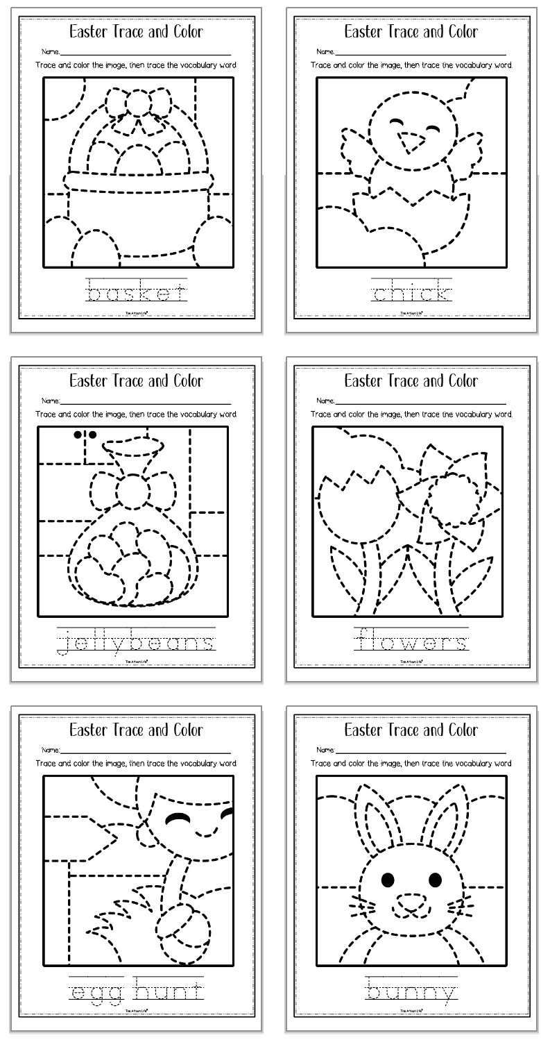six easter trace and color worksheets