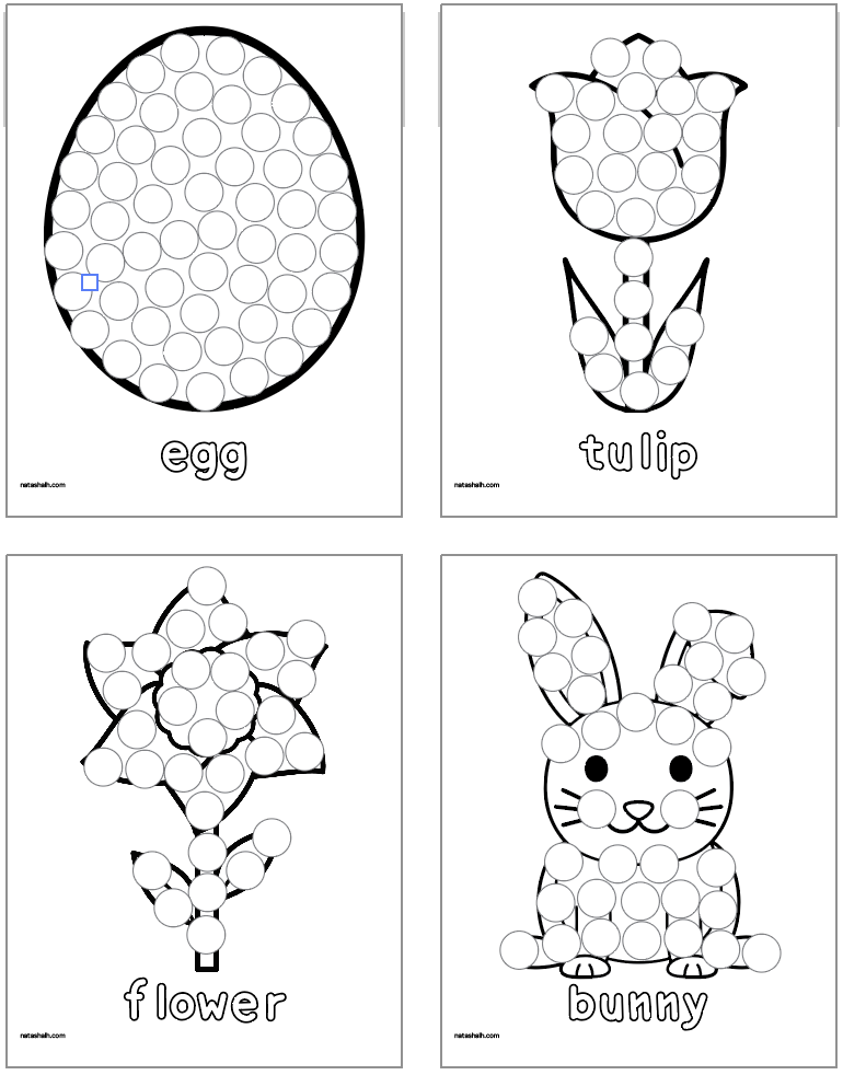 dot marker coloring pages with vocabulary including:
egg
tulip
flower
bunny