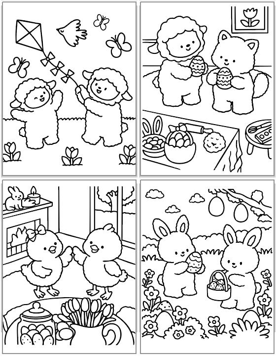four coloring pages featuring cute and cozy style animals celebrating easter