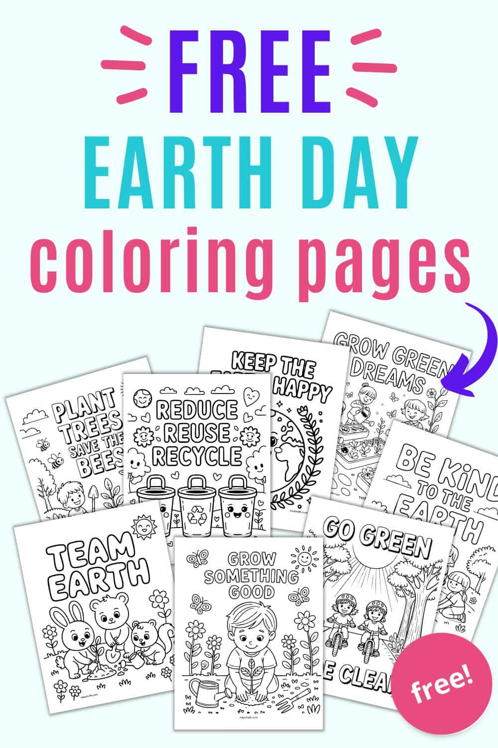 text "free earth day coloring pages" with review of earth day coloring pages for kids featuring gardening and recycling themes