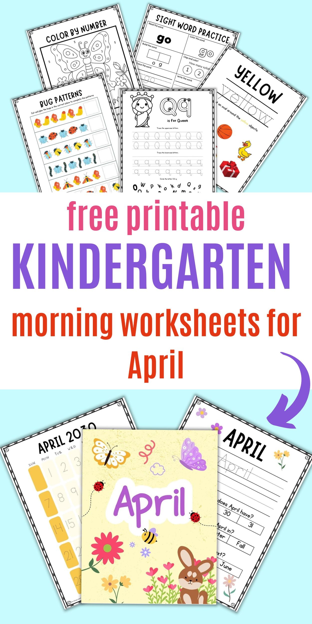 text "free printable kindergarten morning worksheets for April" with a previews of kindergarten worksheets