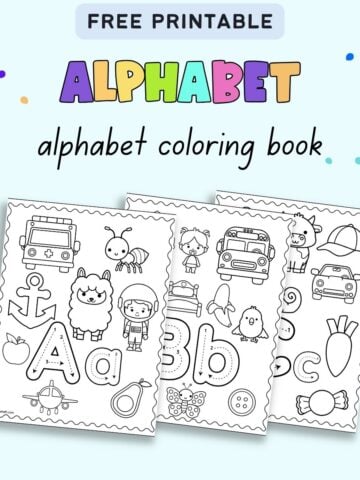 text "free printable alphabet coloring book" with a. preview of three alphabet coloring sheets