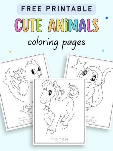text "free printable cute animals coloring pages" with a preview of three sheets