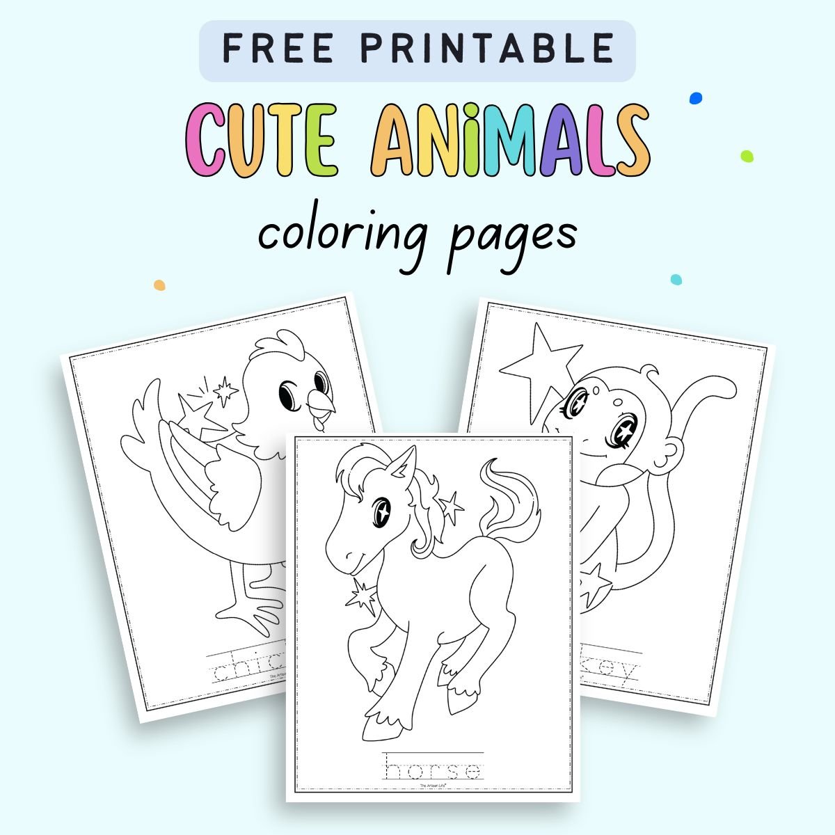text "free printable cute animals coloring pages" with a preview of three sheets