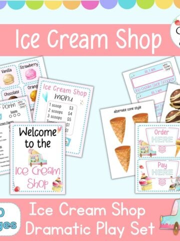 text "free printable ice cream shop dramatic play set" with a preview of pages from an ice cream themed dramatic play center printable set