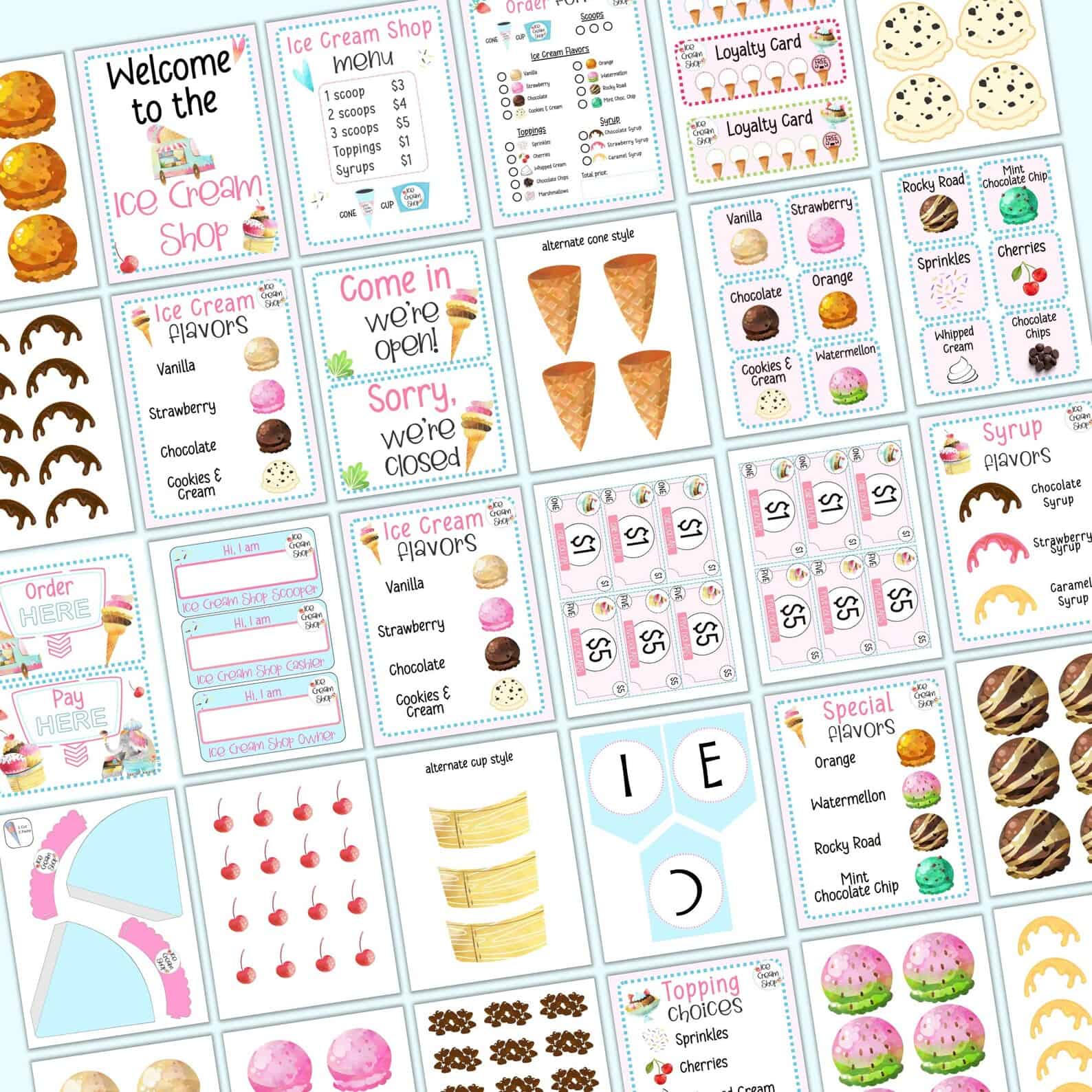 pages from an ice cream shop pretend play center