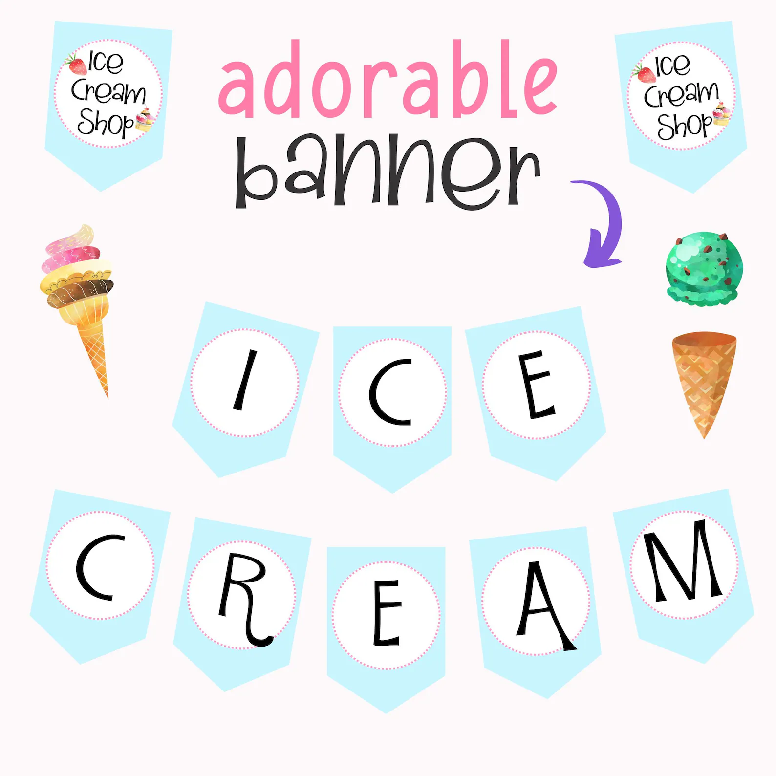 a preview of an ice cream shop banner printable