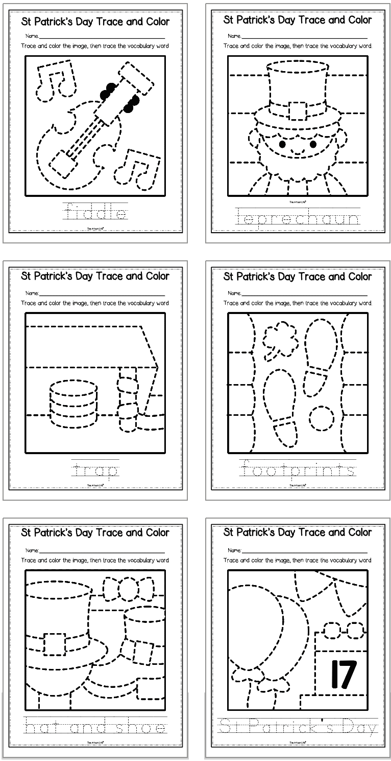 six st patrick's day trace and color worksheets for kids