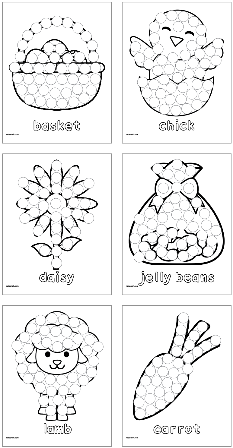six easter themed dot marker pages with vocabulary, including basket
chick
daisy
jelly beans
lamb
carrot