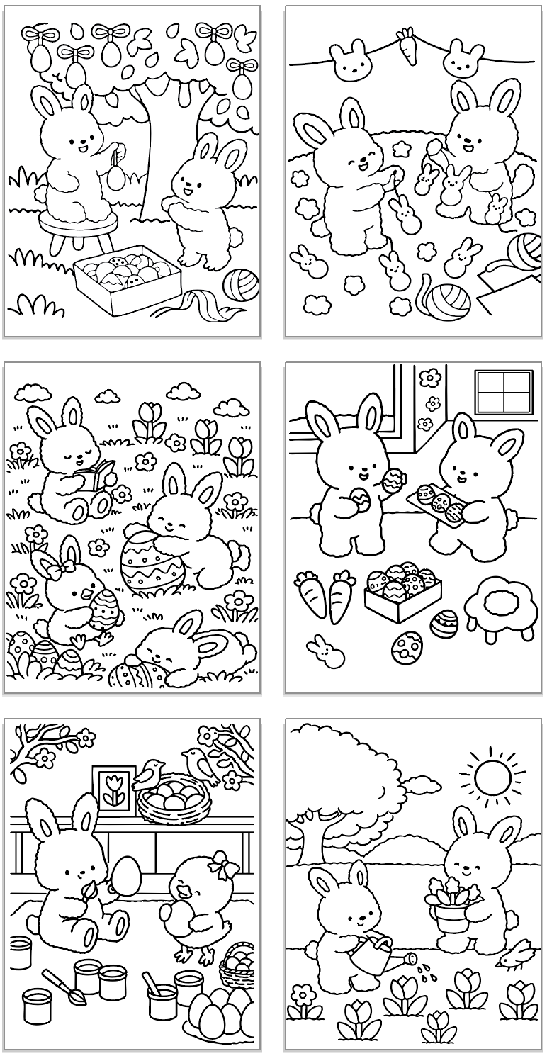 six coloring pages featuring cute and cozy style animals celebrating easter