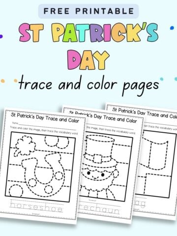 text "free printable st Patricks'd ay trace and color pages" with a preview of three tracing worksheets