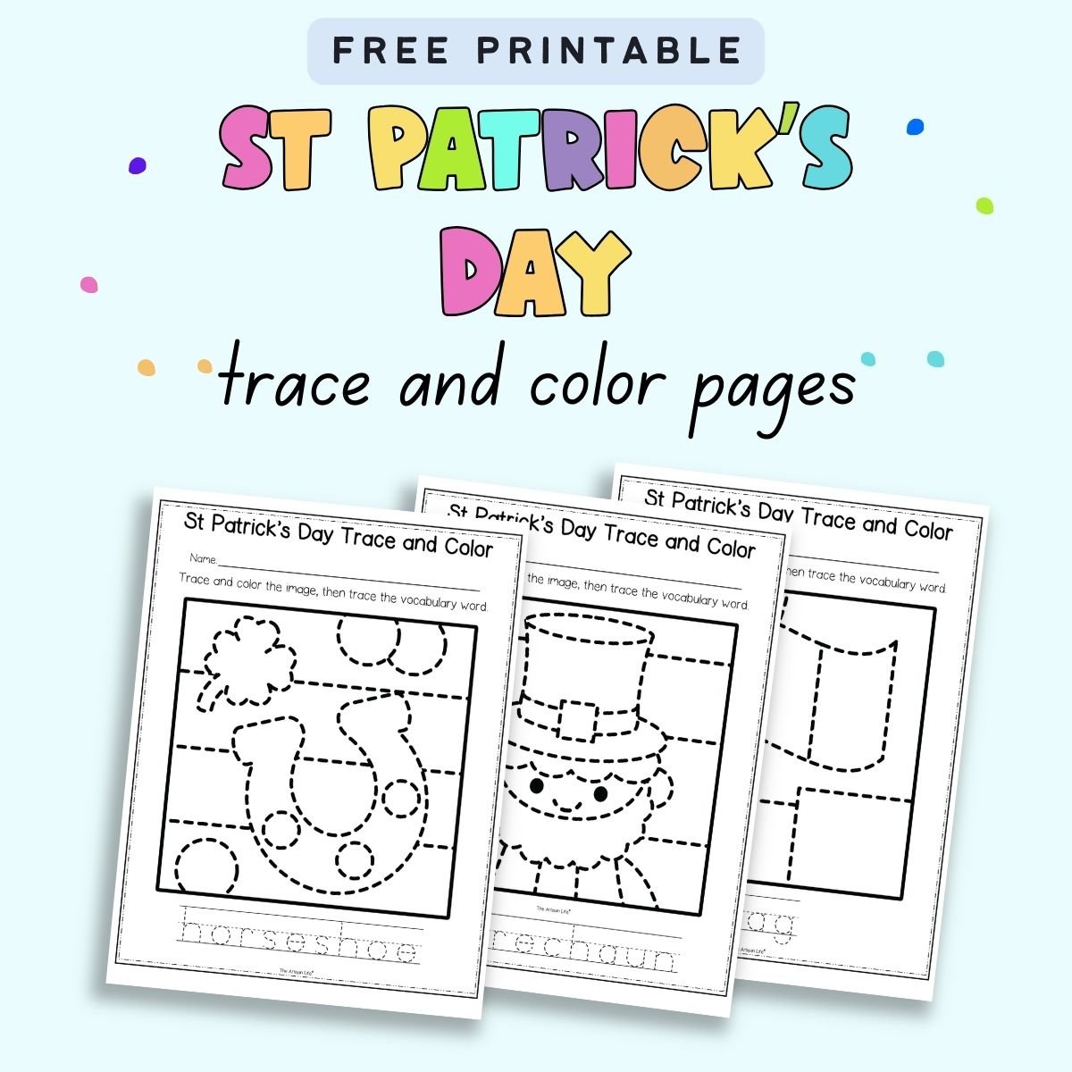 text "free printable st Patricks'd ay trace and color pages" with a preview of three tracing worksheets