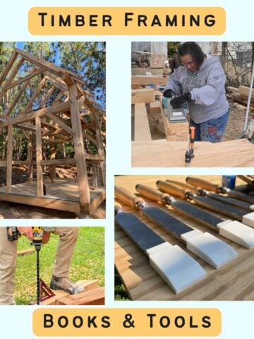 text "timber framing books and tools" with a collage of timber frame related images