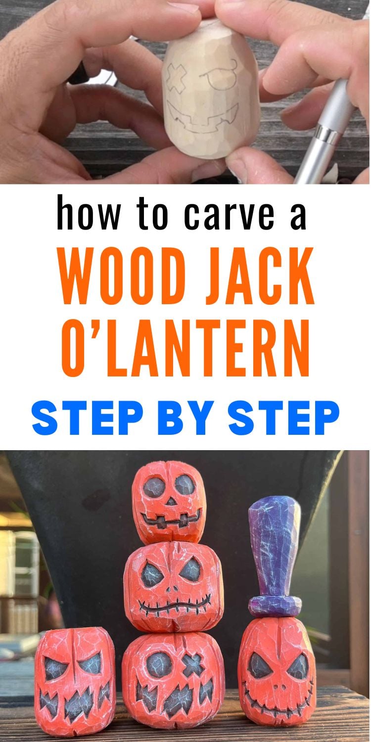 text "how to carve a wood jack o lantern step by step" with images of a carving in progress and five completed jack o lantern carvings