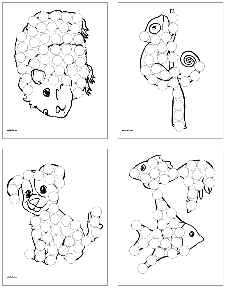 four pet themed dot marker pages. one shows a dog, one shows two fish, another shows a guinea pig, and the third shows a chameleon