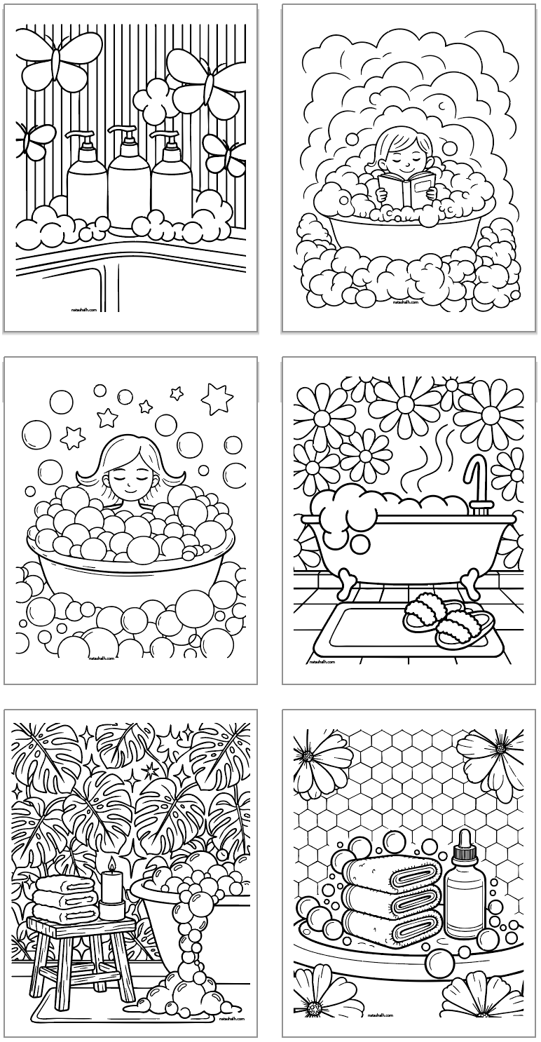 six coloring pages featuring relaxing bubble bath scenes