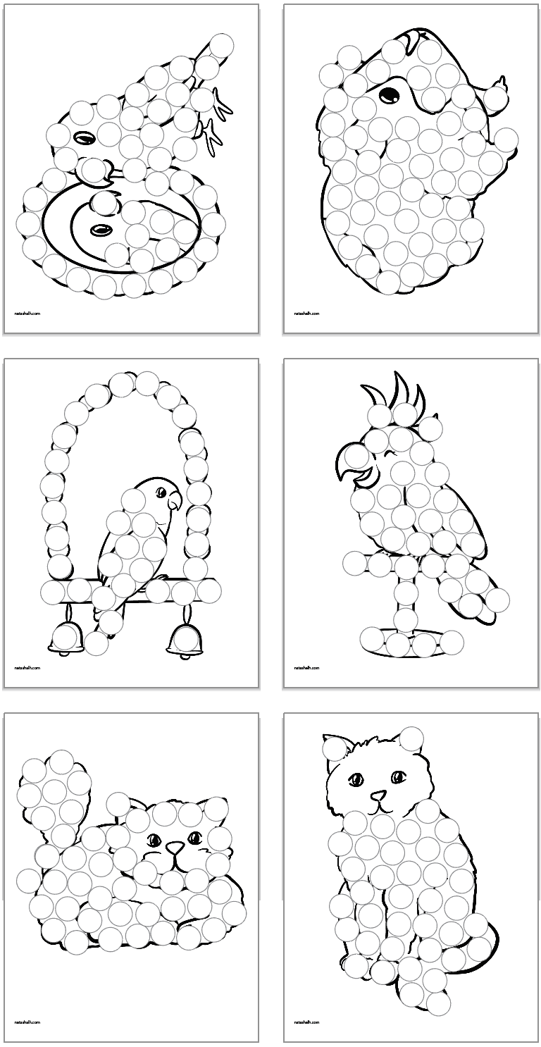 Six pet themed dot marker coloring pages for kids showing birds and cats