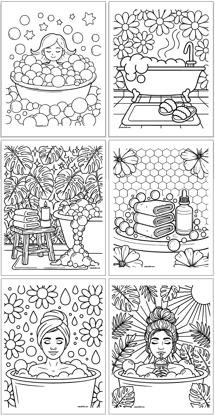 six bold and easy style coloring pages showing relaxing bubble bath scenes