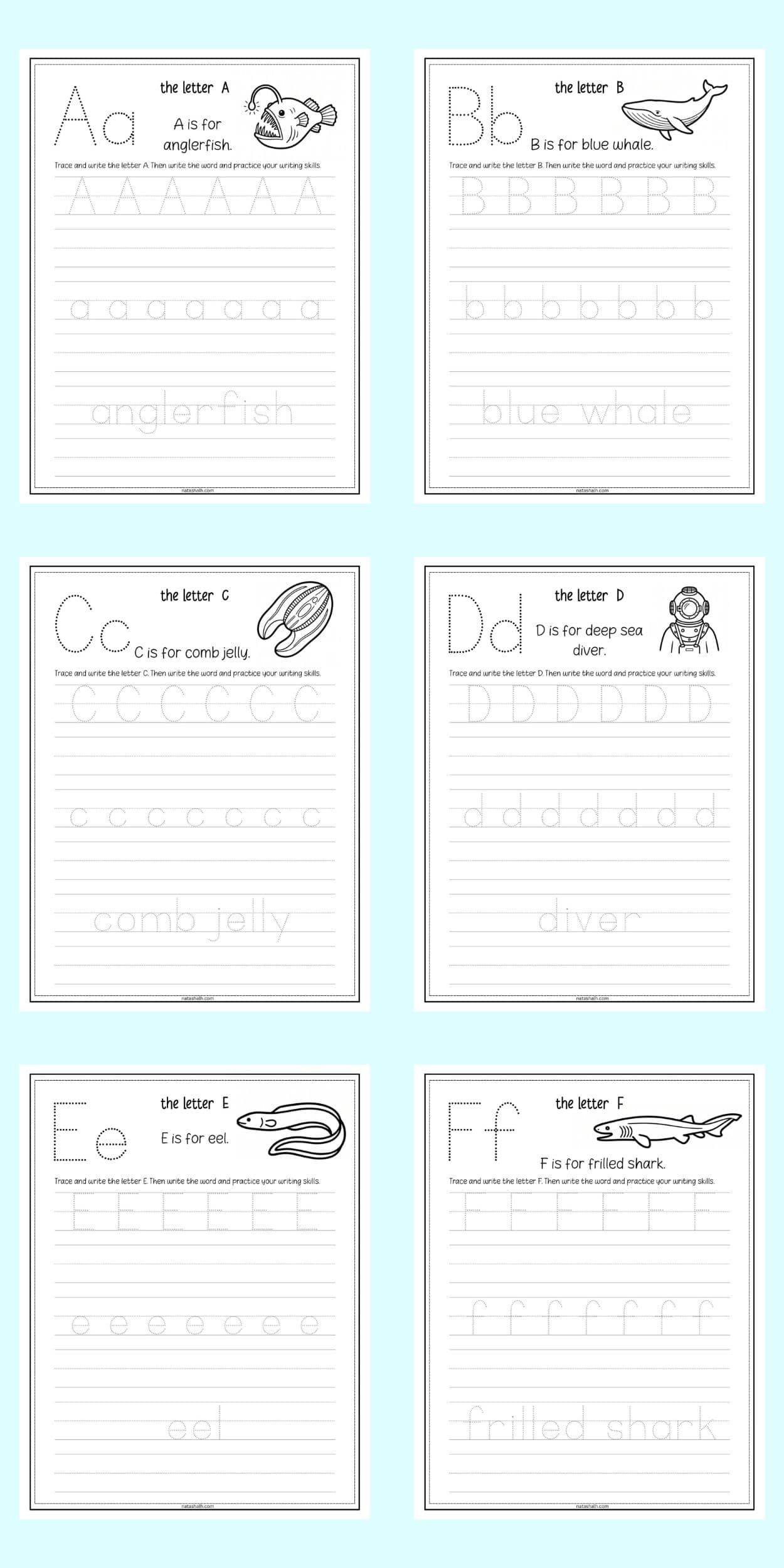 deep sea alphabet tracing pages with letters a is for anglerfish through f is for frilled shark