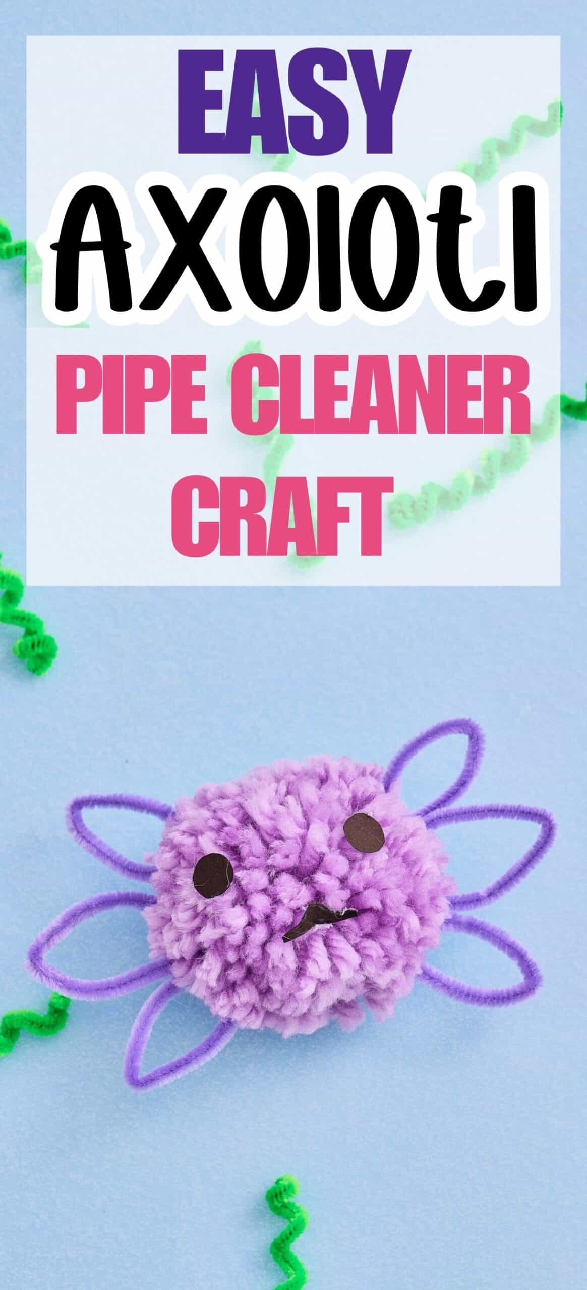 text "easy axolotl pipe cleaner craft" with a picture of a pom pom axolotl with pipe cleaner gills