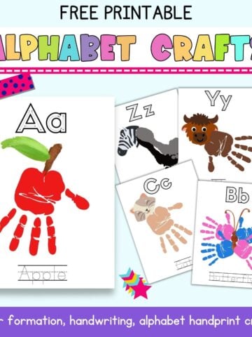 text "free printable alphabet crafts" with a preview of pages from handprint and foot print alphabet crafts