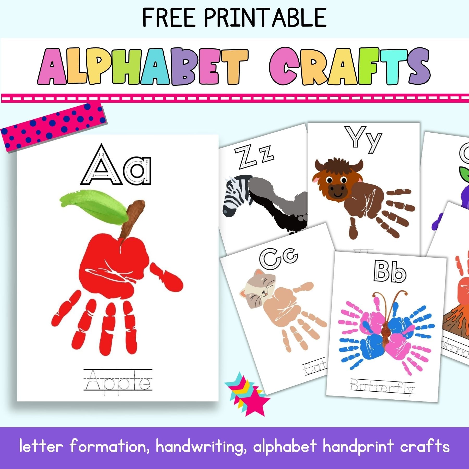 text "free printable alphabet crafts" with a preview of pages from handprint and foot print alphabet crafts