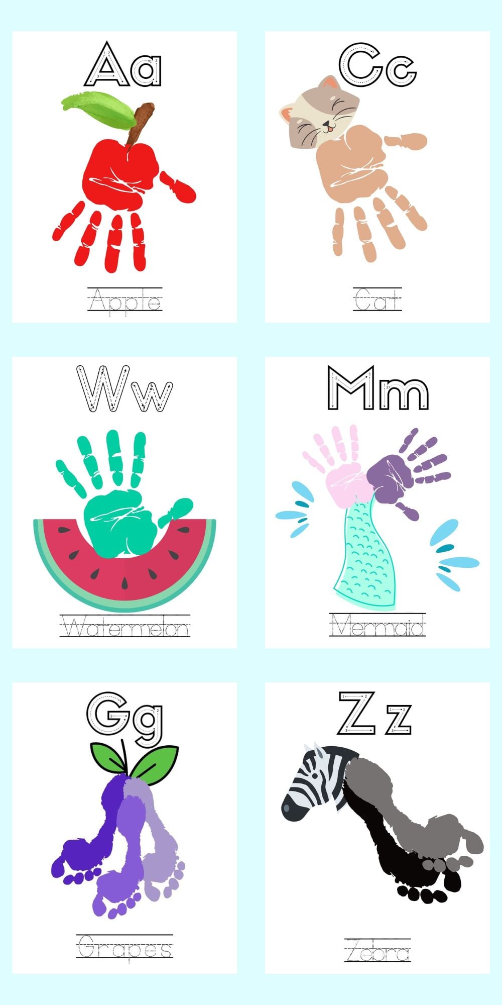 six alphabet hand print craft samples with letters a, c, w, m, g, and z