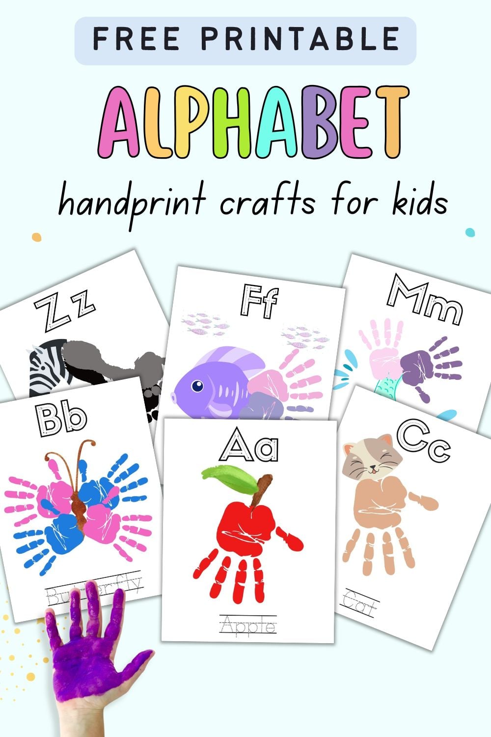 text "free printable alphabet handprint crafts for kids" with a preview of alphabet handprint craft pages