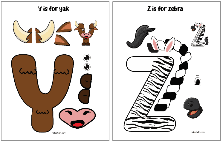 animal alphabet crafts with letters y and z