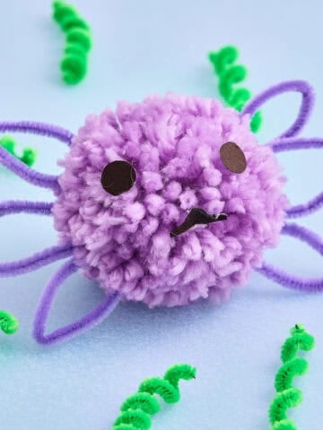 a cute axolotl craft made with purple pom pom and pipe cleaners