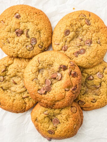 five large, bakery style chocolate chip cookies made with sourdough discard