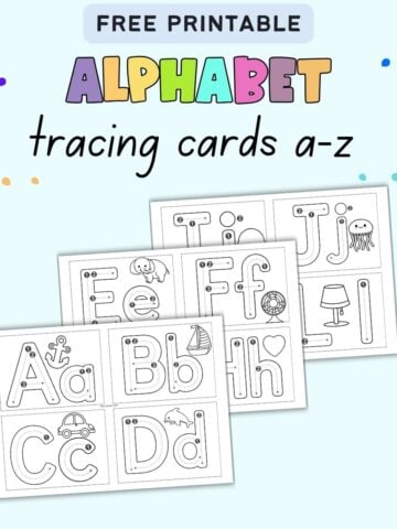text "free printable alphabet tracing cards a-z" with a preview of three sheets of tracing cards