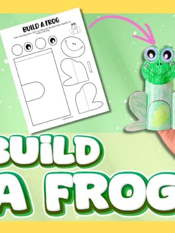 text "build a frog" with an image of a printable frog and an arrow pointing at a photo of a completed frog craft