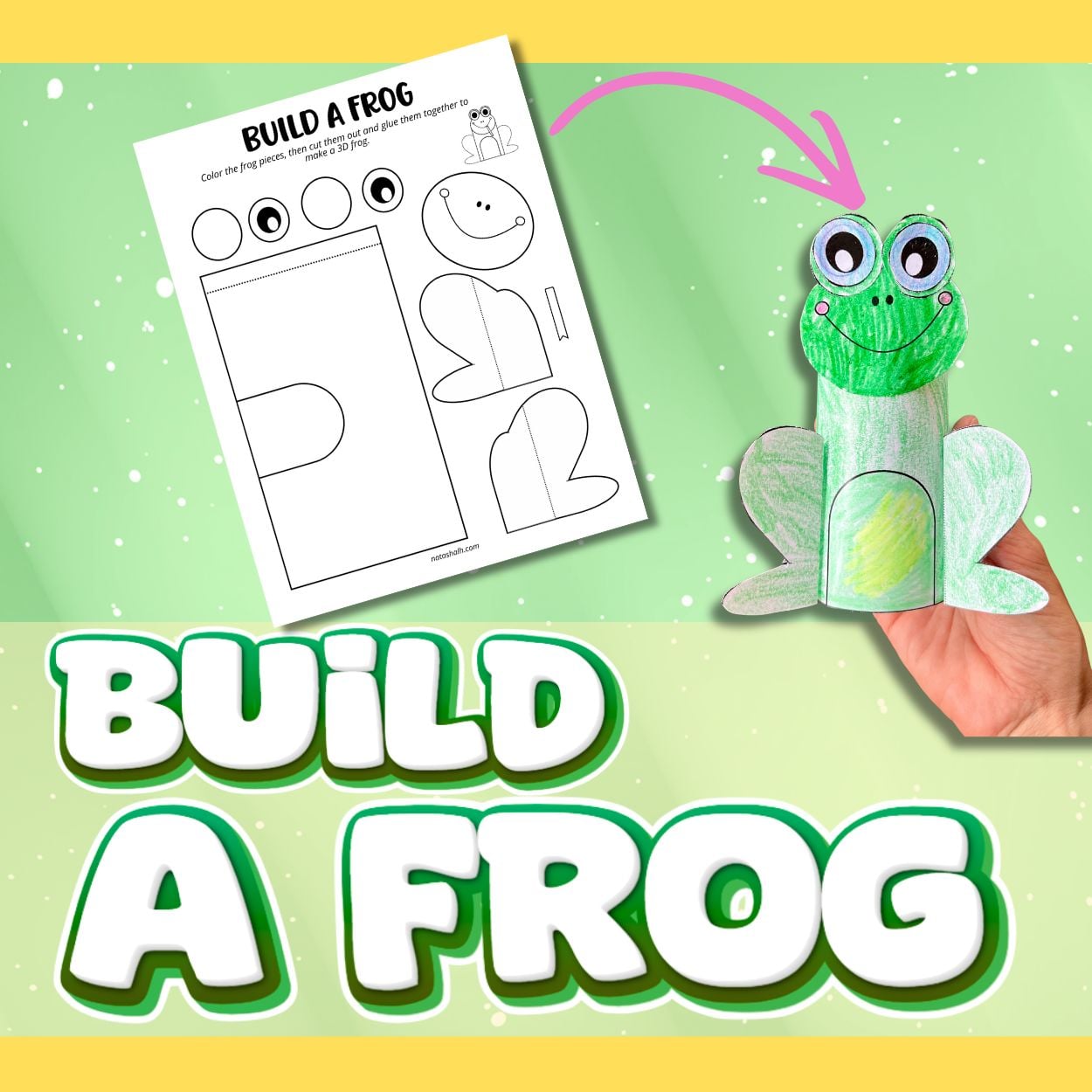 text "build a frog" with an image of a printable frog and an arrow pointing at a photo of a completed frog craft