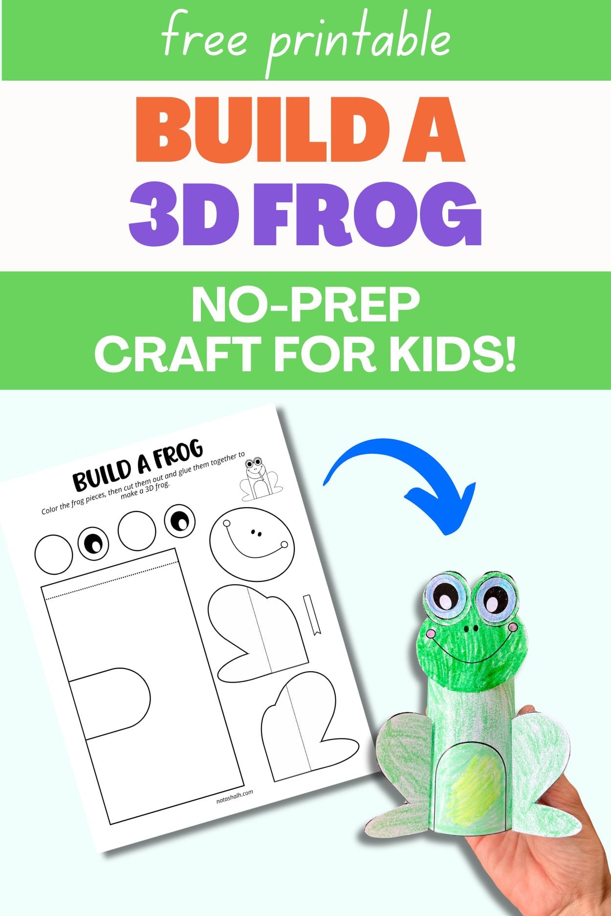 text "free printable build a 3d frog no-prep craft for kids!" with a printable and a picture of a complete frog craft