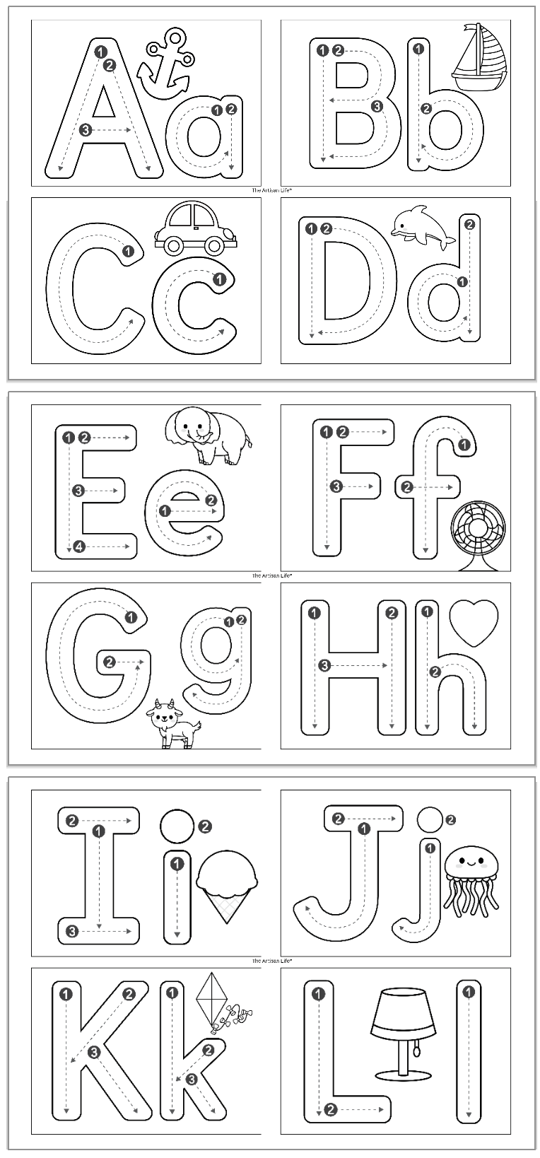 alphabet tracing cards with correct letter formation graphics for letters a - l