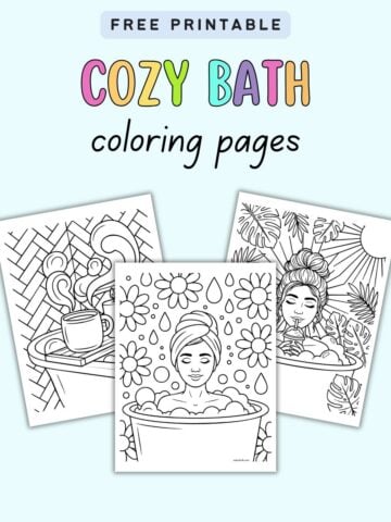 txt "free printable cozy bath coloring pages" with a preview of three bubble bath coloring sheets