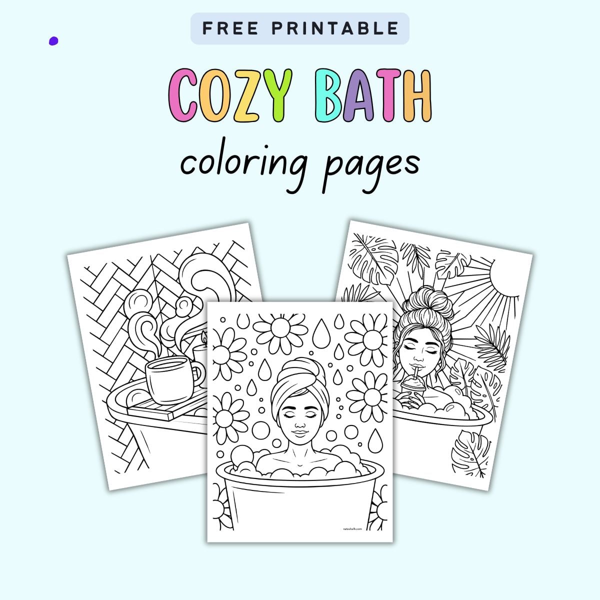 txt "free printable cozy bath coloring pages" with a preview of three bubble bath coloring sheets