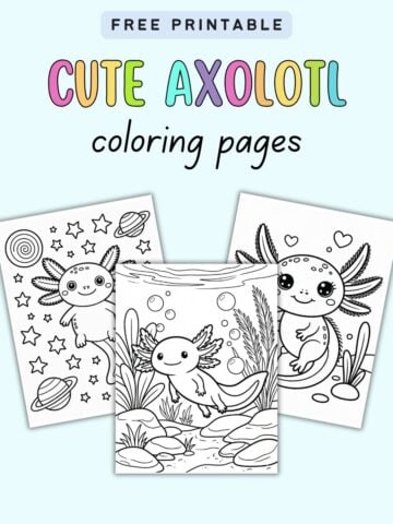 text "cute axolotl coloring pages" with a preview of three sheets of axolotl coloring page
