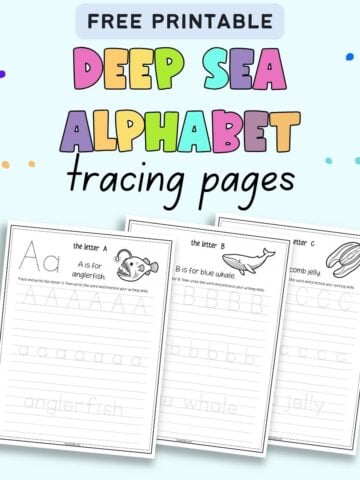text "free printable deep sea alphabet tracing pages" with a preview of three alphabet tracing pages