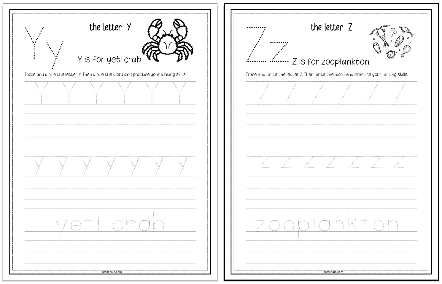 y and z alphabet tracing pages