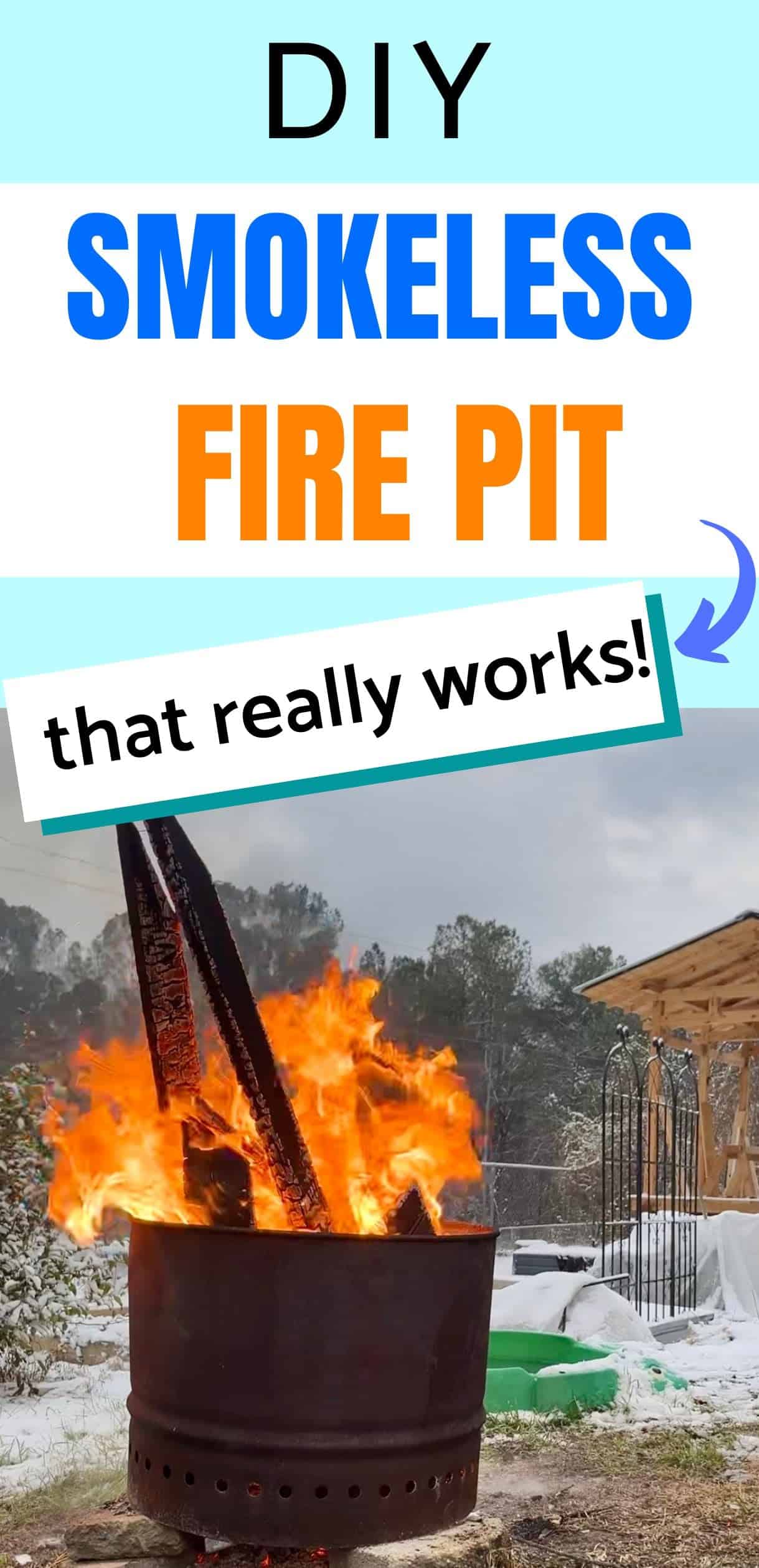 text "Diy smokeless fire pit that really works" with a picture of a fire pit in use