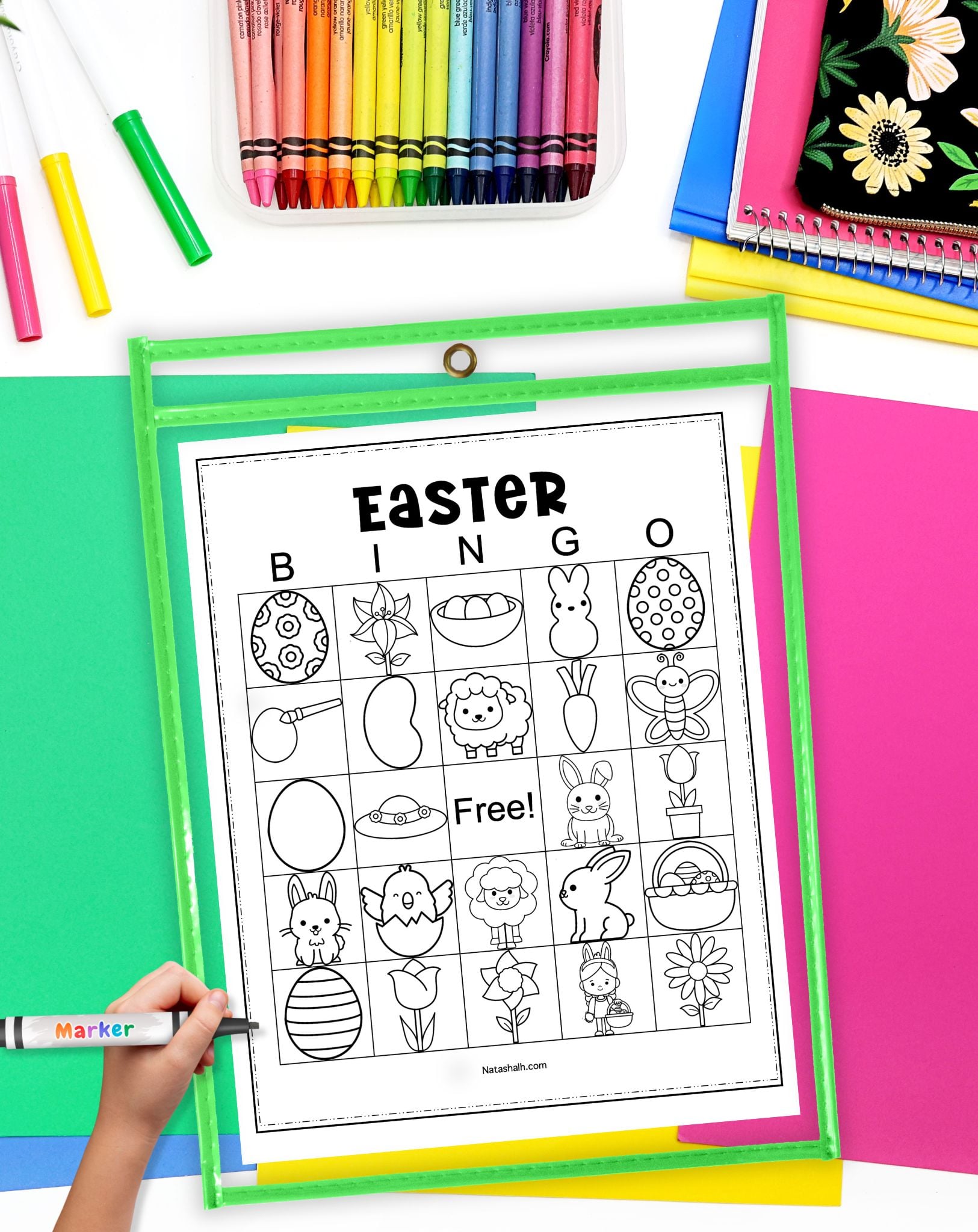 an easter bingo card in a dry erase pocket for multiple uses