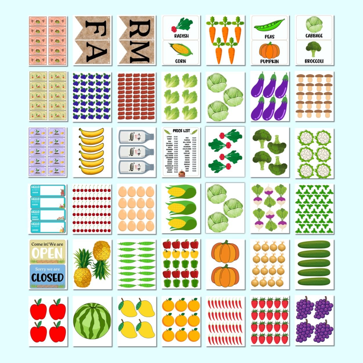 36 pages of printable from a farmers market themed dramatic play set