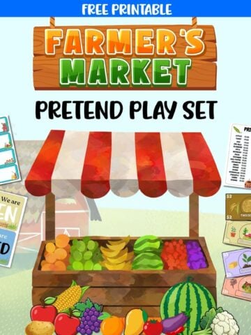 text "free printable farmer's market pretend play set" with preview of pages from a dramatic play center printable
