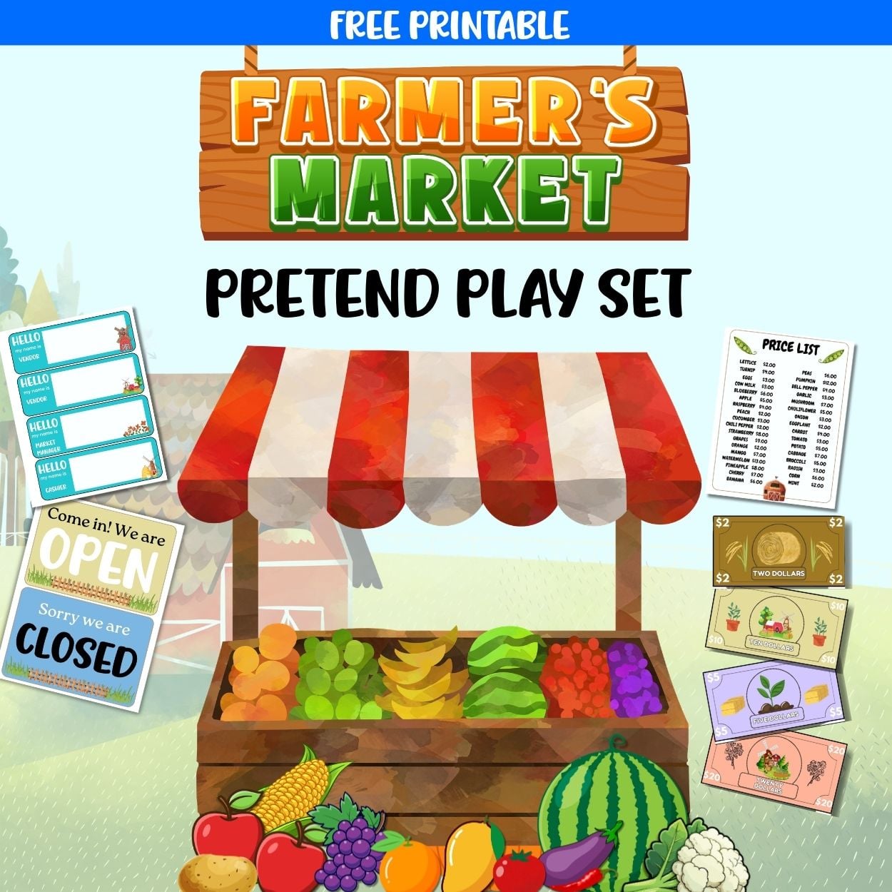 text "free printable farmer's market pretend play set" with preview of pages from a dramatic play center printable