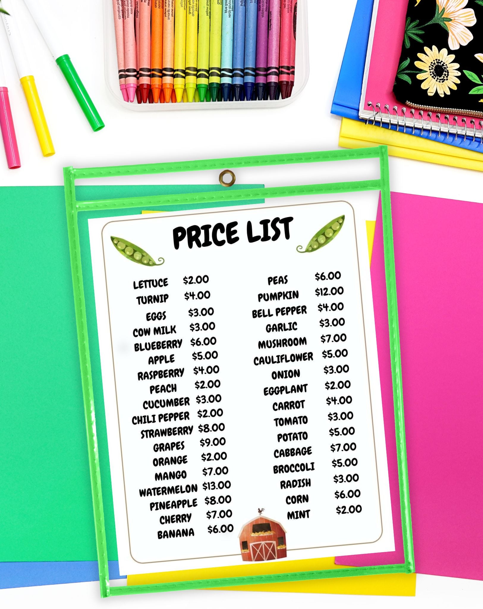 a price list for a pretend play farmers market