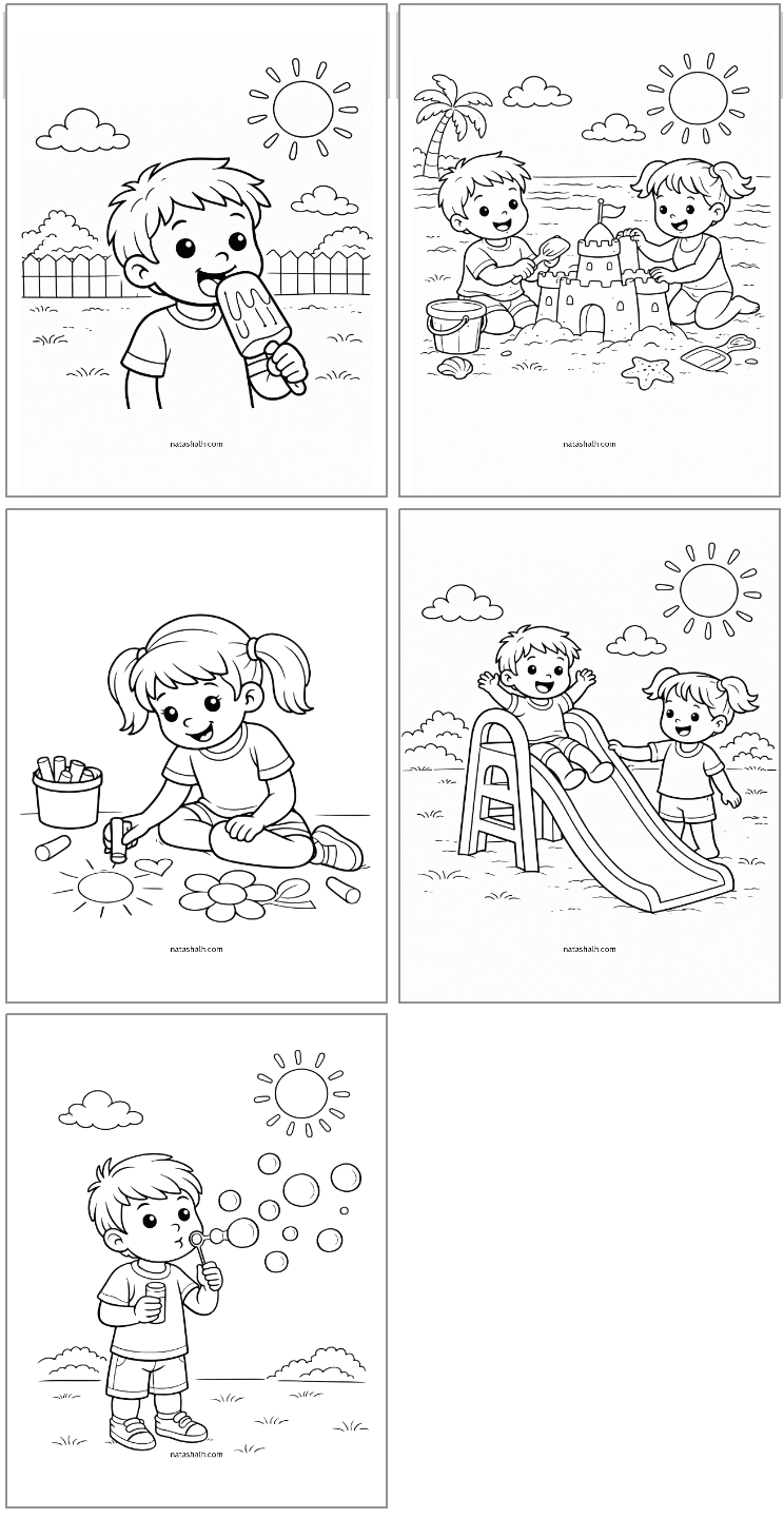 five summer themed coloring pages showing kids in summer activities like eating ice cream and building a sand castle